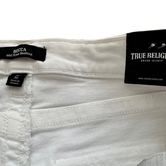 $179 TRUE RELIGION BECCA SN FLAP DESTROY OPTIC WHITE MID RISE BOOTCUT JEANS PANT - Picture 5 of 9